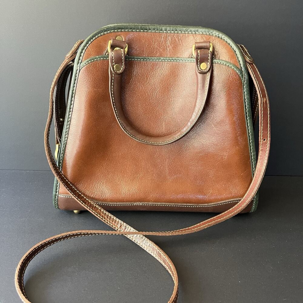 Vintage Brahmin Sesame Satchel Crossbody Leather Bag Cognac / Green Trim